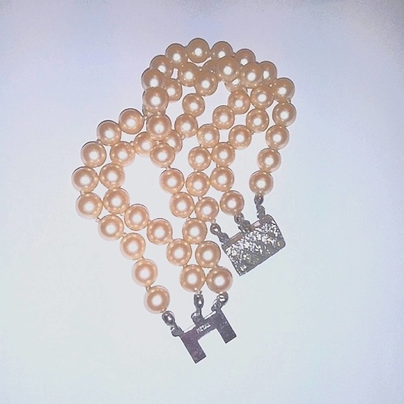 VINTAGE Triple Strand Glass PEARL BRACELET 800 Pure Silver w Crystals Diamonds - Picture 1 of 7